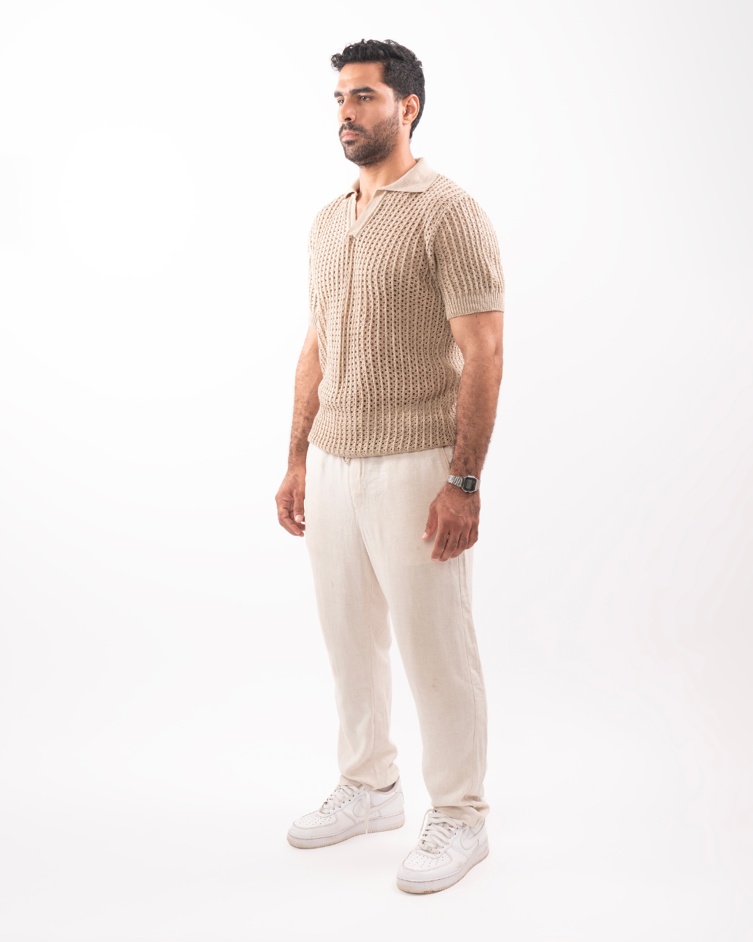 Beige Knit Polo T-Shirt