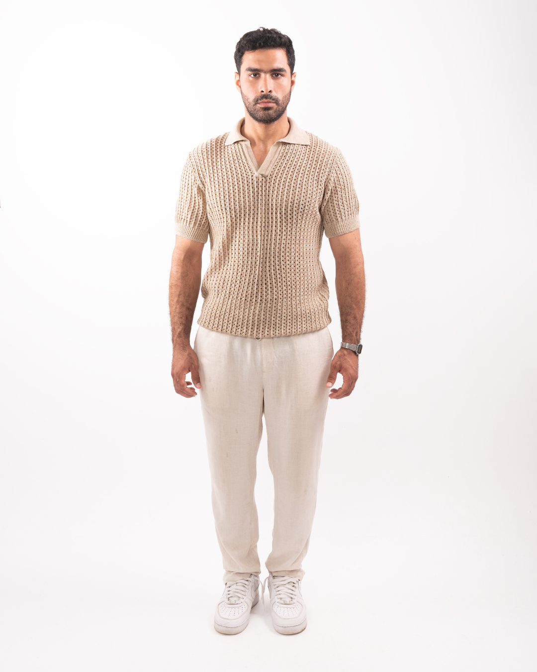 Beige Knit Polo T-Shirt