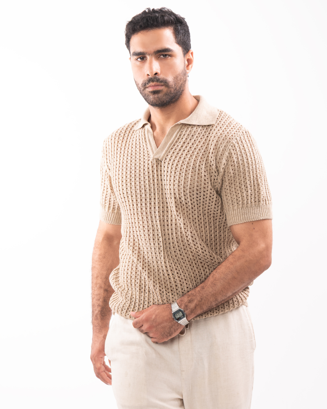 Beige Knit Polo T-Shirt