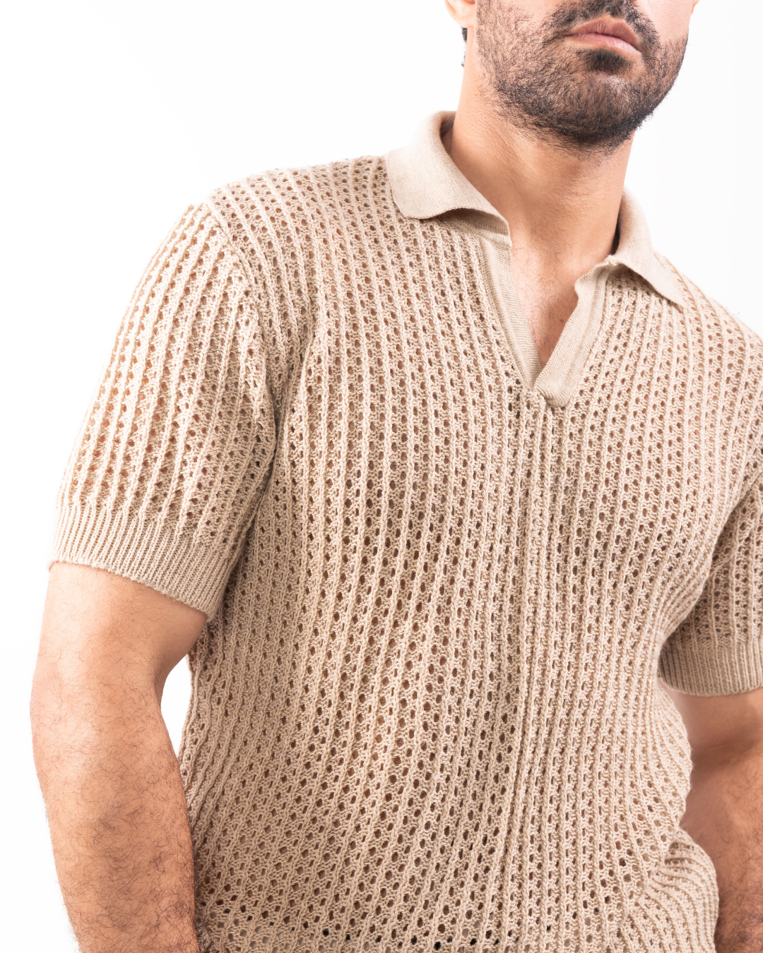 Beige Knit Polo T-Shirt