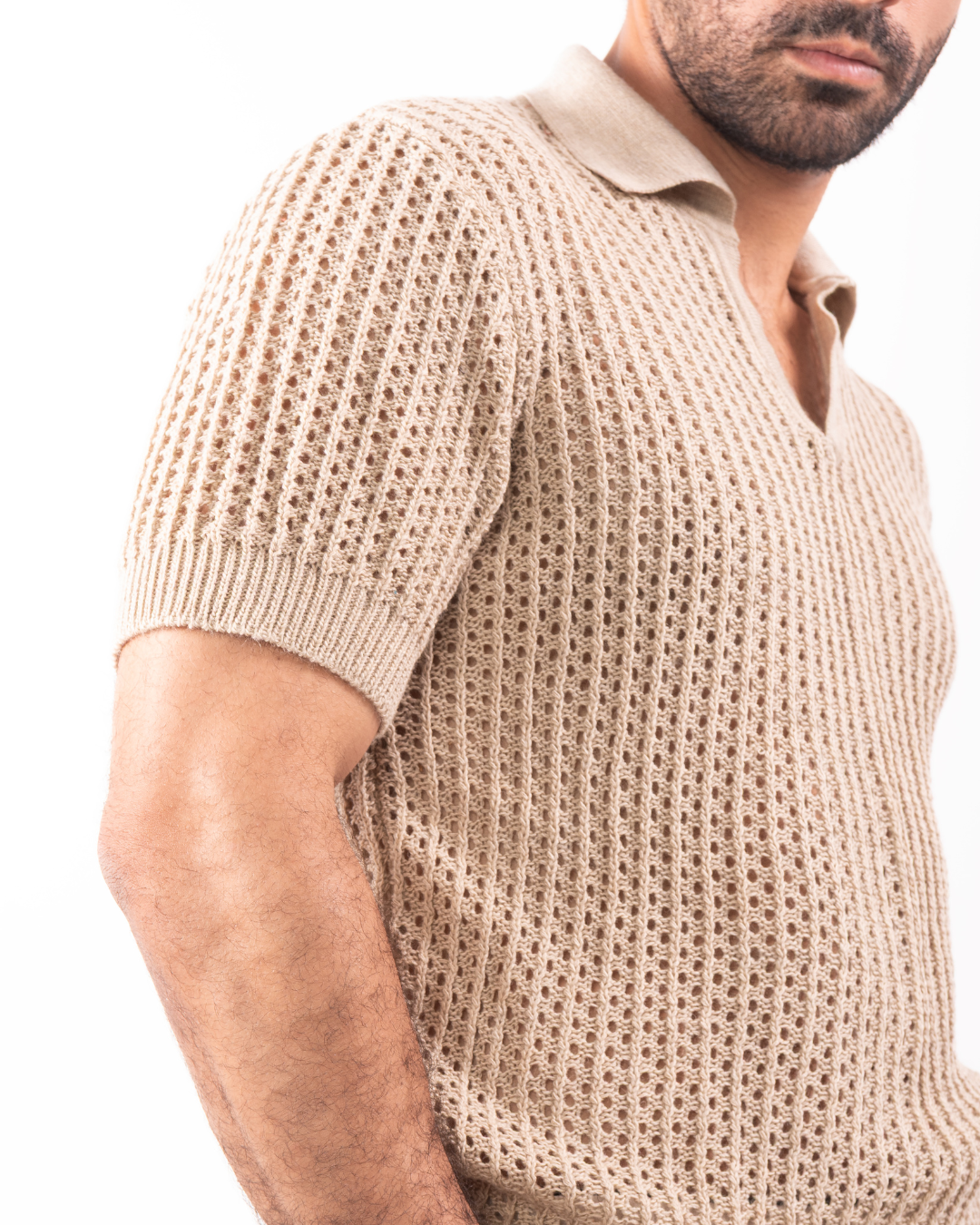 Beige Knit Polo T-Shirt