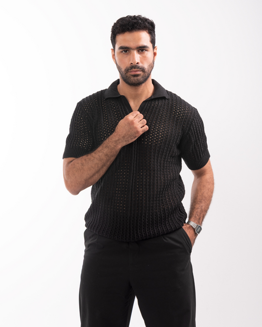 Black Knit Polo T-Shirt