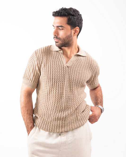 Beige Knit Polo T-Shirt
